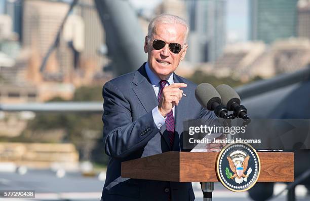 Vice-President Joe Biden addresses ADF personel on board HMAS Adelaide, at Garden Island Naval Base, Woolloomooloo on July 19, 2016 in Sydney,...