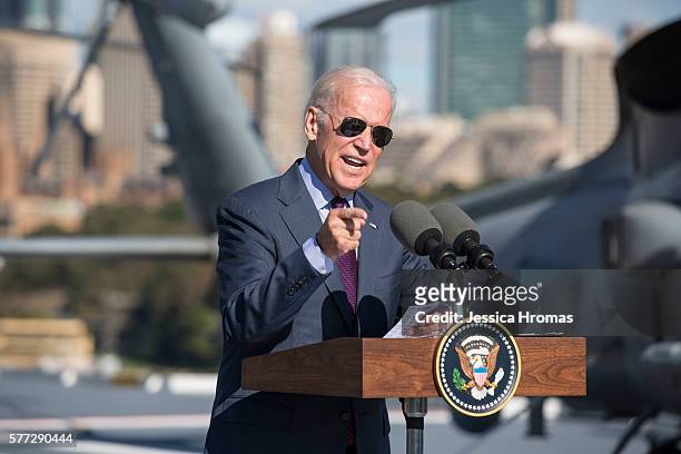 Vice-President Joe Biden addresses ADF personel on board HMAS Adelaide, at Garden Island Naval Base, Woolloomooloo on July 19, 2016 in Sydney,...