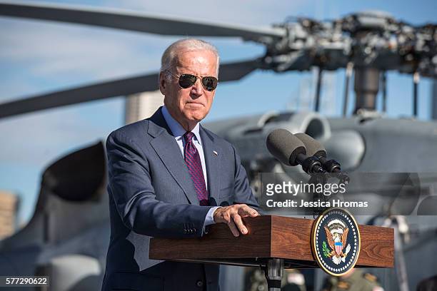 Vice-President Joe Biden addresses ADF personel on board the HMAS Adelaide, at Garden Island Naval Base, Woolloomooloo on July 19, 2016 in Sydney,...