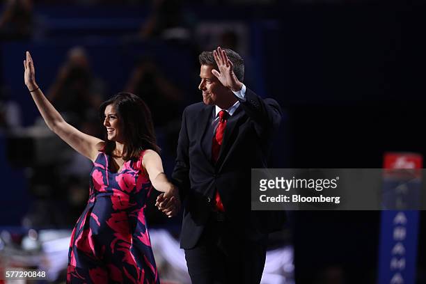Author Rachel Campos Duffy, left, and Representative Sean Duffy, a Republican from Wisconsin, wave after speaking during the Republican National...