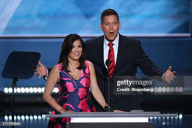 Author Rachel Campos Duffy, left, listens as Representative Sean Duffy, a Republican from Wisconsin, speaks during the Republican National Convention...