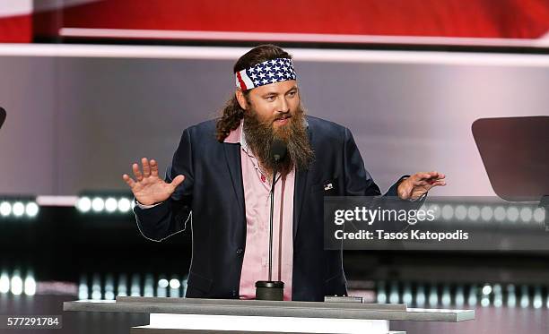 Of Duck Commander and Star of Duck Dynasty Willie Robertson speaks during the first day of the Republican National Convention on July 18, 2016 at the...