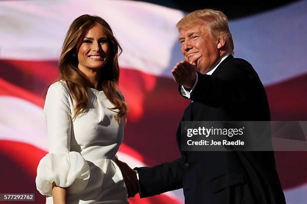 Presumptive Republican presidential nominee Donald Trump introduces his wife Melania on the first day of the Republican National Convention on July...