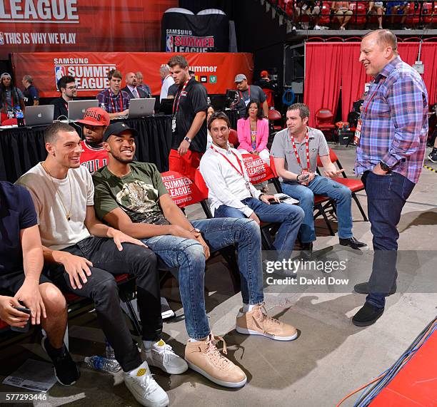 Zach LaVine, Karl-Anthony Towns and head coach Tom Thibodeau of the Minnesota Timberwolves attend the game between the Minnesota Timberwolves and the...