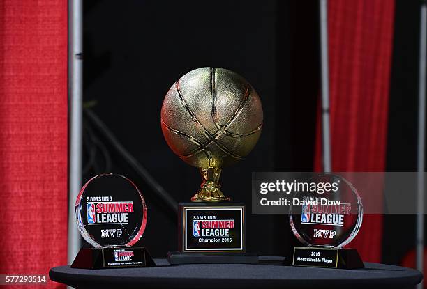 The Samsung NBA Summer League Championship Trophies and MVP Awards are displayed during the game between the Minnesota Timberwolves and the Chicago...