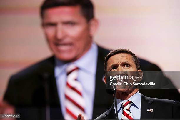 Retired Lt. Gen. Michael Flynn delivers a speech on the first day of the Republican National Convention on July 18, 2016 at the Quicken Loans Arena...