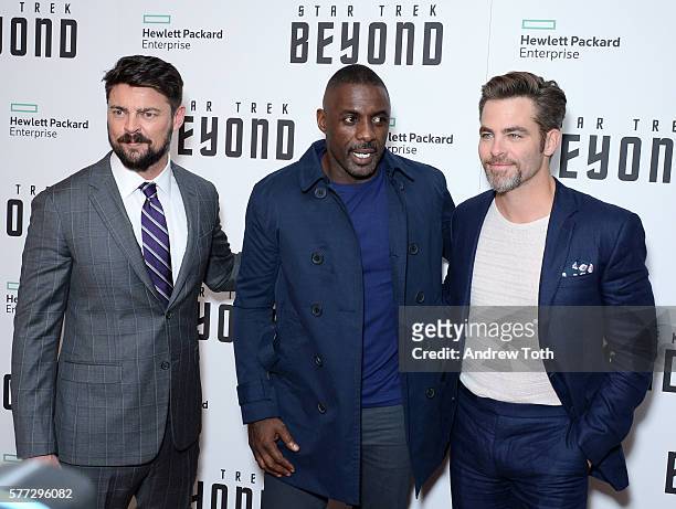 Karl Urban, Idris Elba and Chris Pine attend the "Star Trek Beyond" New York premiere at Crosby Street Hotel on July 18, 2016 in New York City.