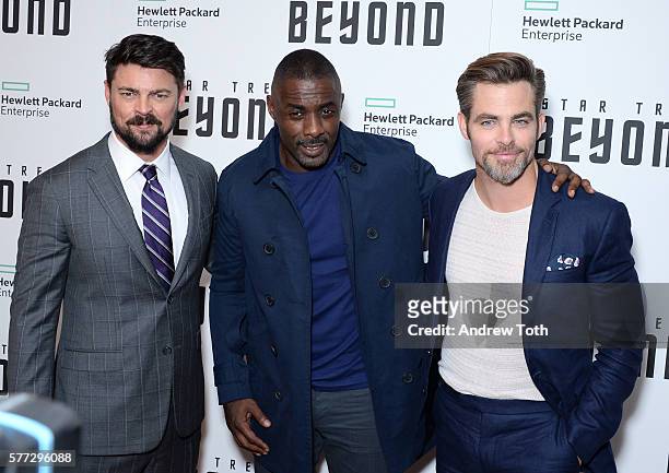 Karl Urban, Idris Elba and Chris Pine attend the "Star Trek Beyond" New York premiere at Crosby Street Hotel on July 18, 2016 in New York City.