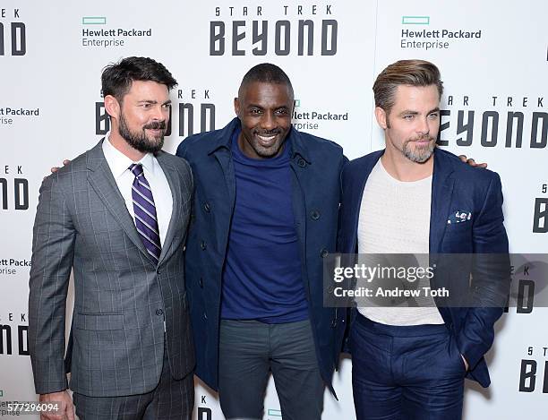 Karl Urban, Idris Elba and Chris Pine attend the "Star Trek Beyond" New York premiere at Crosby Street Hotel on July 18, 2016 in New York City.