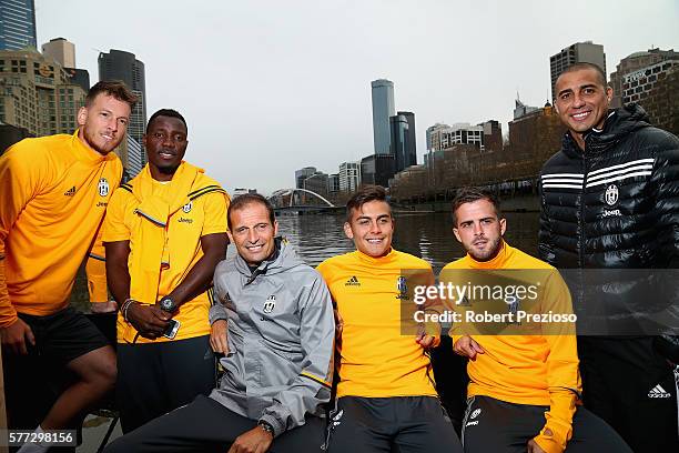 Neto, Kwadwo Asamoah, Massimiliano Allegri, Paulo Dybala, Miralem Pjanic and David Trezeguet pose during a Juventus boat ride along the Yarra River...