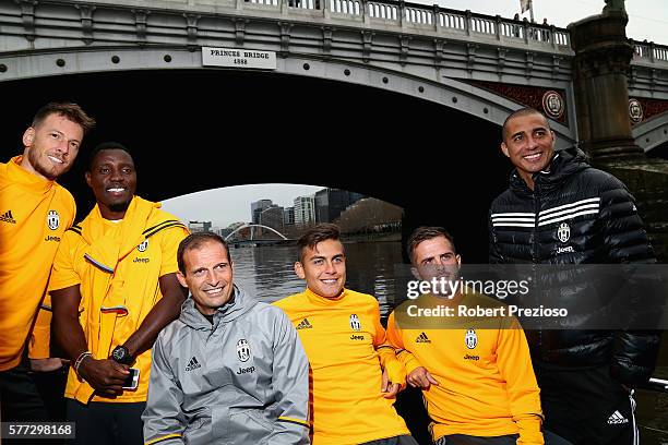 Neto, Kwadwo Asamoah, Massimiliano Allegri, Paulo Dybala, Miralem Pjanic and David Trezeguet pose during a Juventus boat ride along the Yarra River...