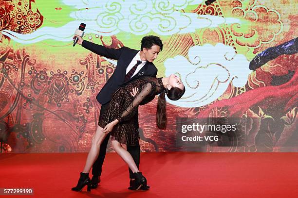Actress Tang Yan, actor and singer Han Geng attend the press conference of director Jeffrey Lau Chun-Wai's film "A Chinese Odyssey: Part Three" on...