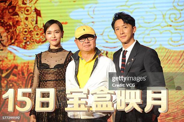 Actress Tang Yan, director Jeffrey Lau Chun-Wai, actor and singer Han Geng attend the press conference of film "A Chinese Odyssey: Part Three" on...