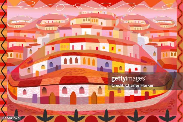 latin american houses on hill in folk style illustration with decorative border - art and craft product 幅插畫檔、美工圖案、卡通及圖標