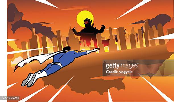 ilustraciones, imágenes clip art, dibujos animados e iconos de stock de superhéroe volando para luchar contra monstruos rampantes en la ciudad - anime