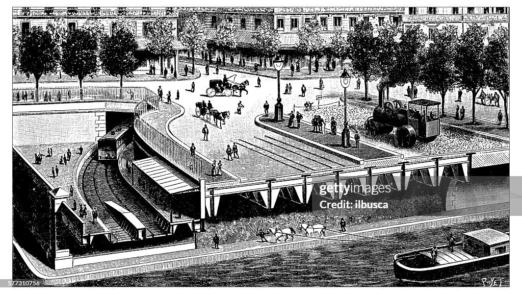 Antique illustration of works for the construction of Paris subway