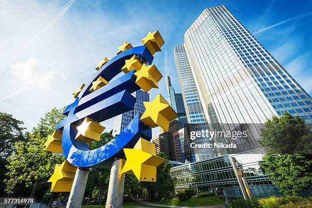 euro currency symbol in frankfurt, germany - the euro 2016 stock pictures, royalty-free photos & images