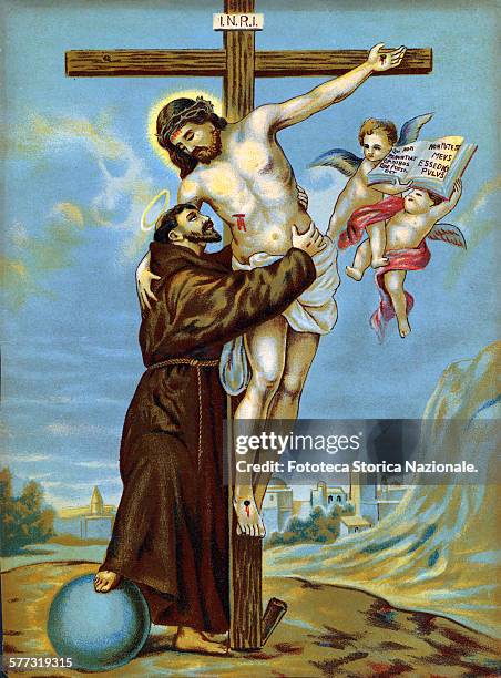 St. Francis of Assisi holds the Christ and receives the stigmata, the right foot on a globe blue; the book supported by angels bears the words: "he...