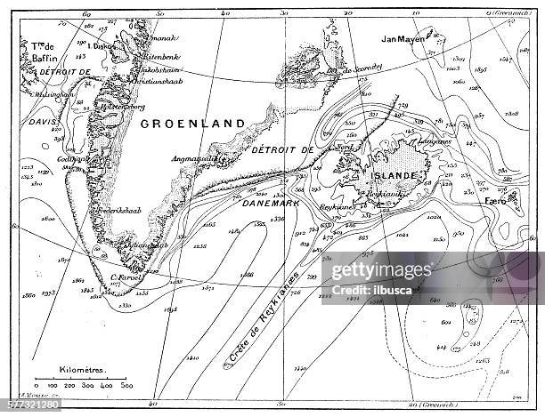 antique illustration of greenland and iceland bathymetry map - greenland stock illustrations