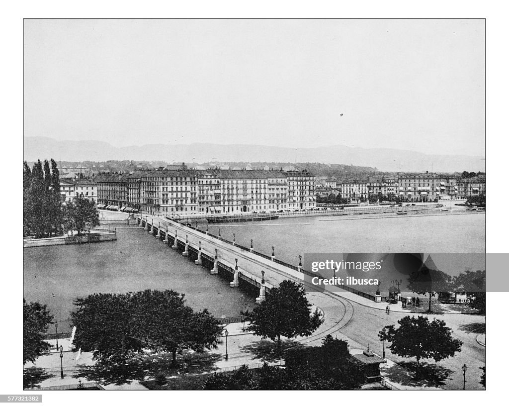 Antique photograph of panoramic view of Geneva (Switzerland)-19th century