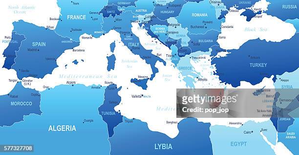 ilustraciones, imágenes clip art, dibujos animados e iconos de stock de mapa del mediterráneo - estados y ciudades - áfrica del norte