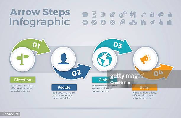 ilustraciones, imágenes clip art, dibujos animados e iconos de stock de infografía de pasos de flecha - continuity