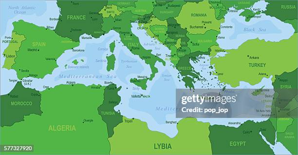 map of mediterranean - countries and cities - mediterranean sea stock illustrations