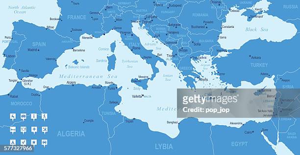 karte von mittelmeer - länder, städte, navigationssymbole - mediterranean stock-grafiken, -clipart, -cartoons und -symbole