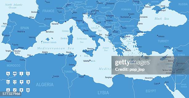 illustrazioni stock, clip art, cartoni animati e icone di tendenza di mappa del mediterraneo - paesi, città, icone di navigazione - mediterranean sea