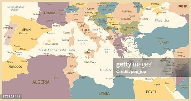 vintage map of mediterranean countries - balkans stock illustrations