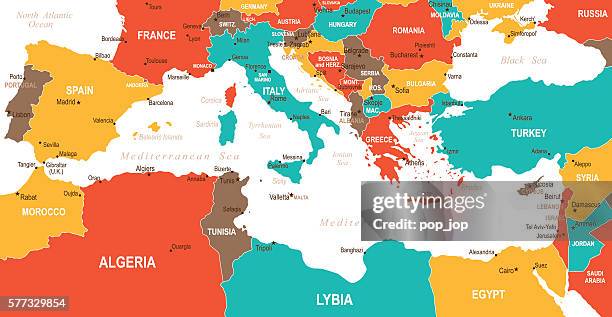 colored mediterranean countries map - algeria stock illustrations