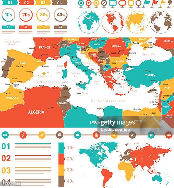 colored infographic mediterranean map - libya turkey stock illustrations