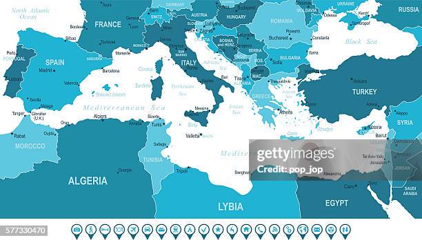 mediterranean map and navigation icons - central europe stock illustrations