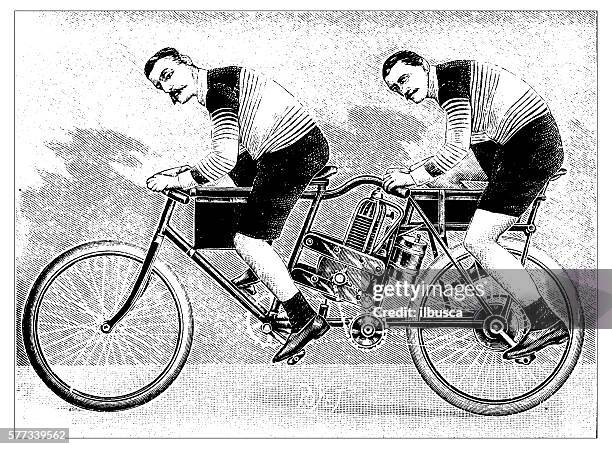 illustrazioni stock, clip art, cartoni animati e icone di tendenza di antica illustrazione di concetto motociclista - tandem bicycle