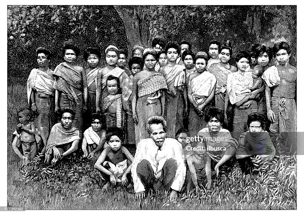 Antique illustration of people in Laos
