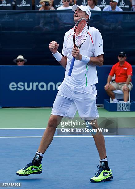 John Isner reacts to his win after the final point at the BB&T Atlanta Open ATP Men's Singles tournament held at Atlantic Station in Atlanta,...