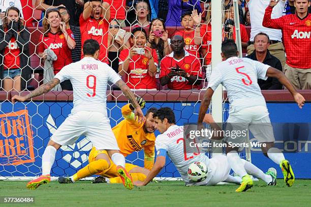 Inter Milan's Andrea Ranocchia stops a shot against Manchester United in a International Champions Cup match at FedEx Field in Landover, MD. Where...