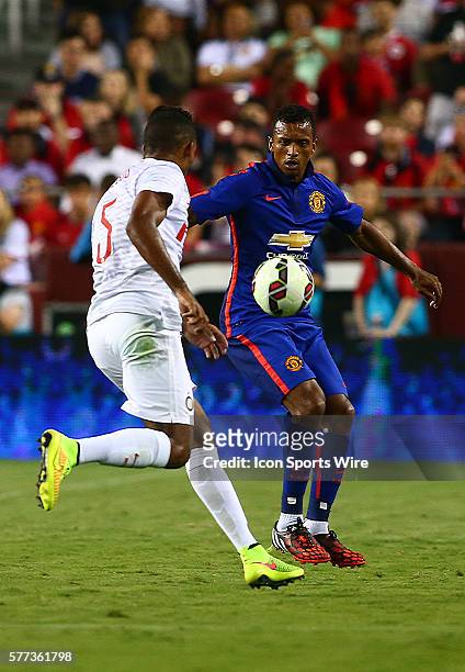 Nani of Manchester United battles for the ball with Juan Jesus of Inter Milan during an International Champions Cup match at Fedex Field, in...