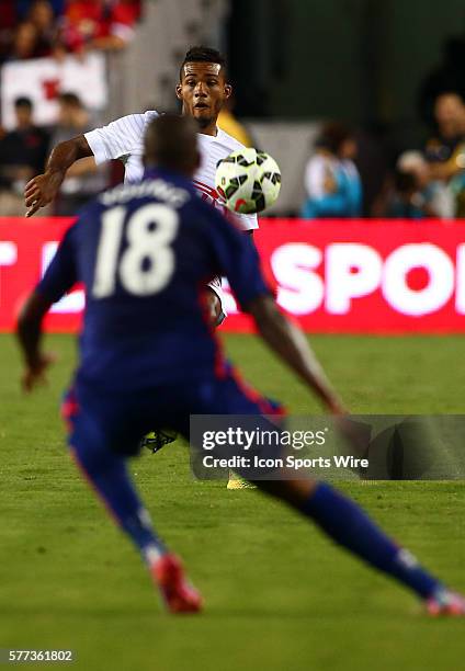 Ashley Young of Manchester United defends against Juan Jesus of Inter Milan during an International Champions Cup match at Fedex Field, in Landover,...