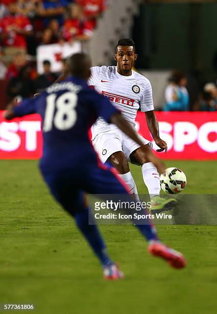 Ashley Young of Manchester United defends against Juan Jesus of Inter Milan during an International Champions Cup match at Fedex Field, in Landover,...