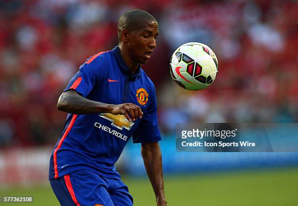 Ashley Young of Manchester United controls the ball against Inter Milan during an International Champions Cup match at Fedex Field, in Landover,...