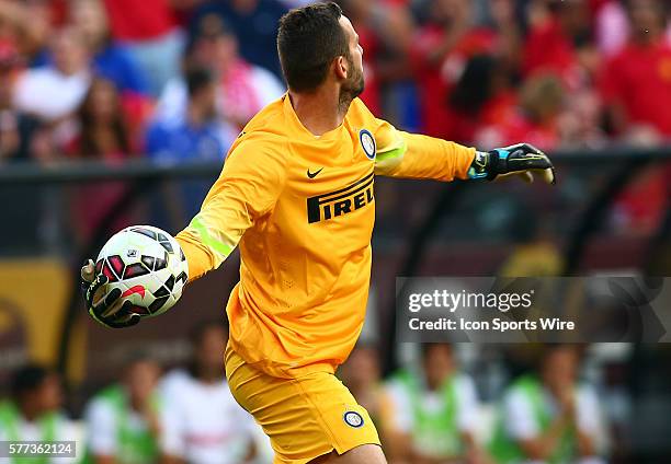 Samir Handanovic of Inter Milan throws the ball up field during an International Champions Cup match against Manchester United at Fedex Field, in...