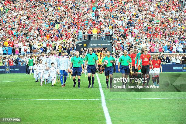 Real Madrid and Manchester United take the field prior to the Real Madrid v Manchester United match Saturday afternoon, in the Guinness International...