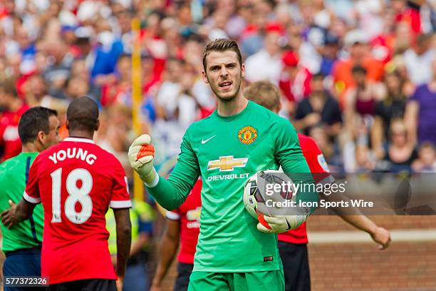 Manchester United goalie David De Gea reacts to a penalty kick being awarded against him during a Guinness International Champions Cup match between...