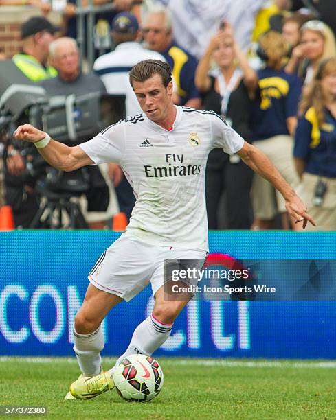 Real Madrid forward Gareth Bale controls the ball during a Guinness International Champions Cup match between Manchester United and Real Madrid, at...