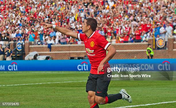 Manchester United forward Javier Hern??ndez celebrates his goal scored during a Guinness International Champions Cup match between Manchester United...