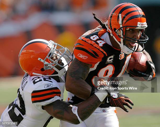 Cincinnati Bengals' wide receiver T.J. Houshmandzadeh fights pressure from Cleveland Browns' Brandon McDonald during the fourth quarter of play in...