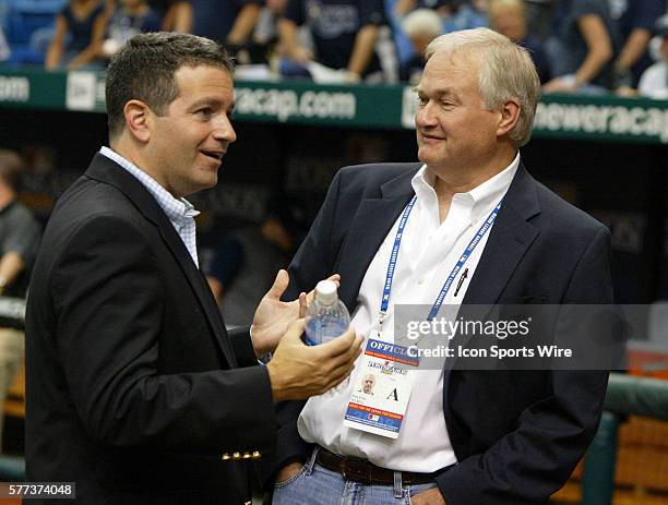 Rays Principal Owner Stuart Sternberg speaks with Executive Director of the Major League Baseball Players Association Donald Fehr during batting...