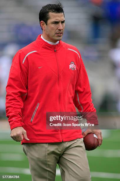 Ohio State Assistant, Luke Fickell works with linebackers prior to their game against the University of Illinois at Memorial Stadium in Champaign,...