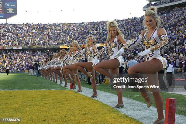 The LSU Golden Girls performs prior to kickoff of the NCAA football game between the Ole Miss Rebels and the LSU Tigers at Tiger Stadium in Baton...